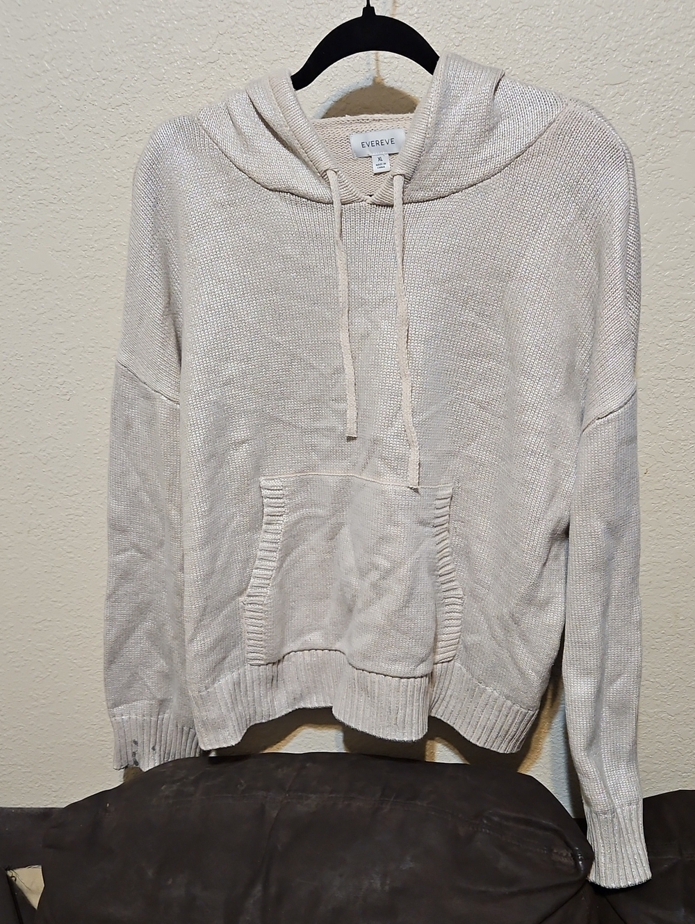 Evereve Light Silver Shiny Knit Hoodie with Kangaroo Pocket